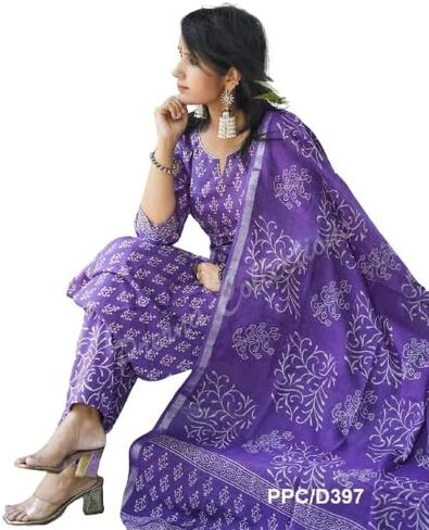 Meera Fab Women's Cotton Printed Straight Kurta With Palazzo & Dupatta Set in Saudi Arabia