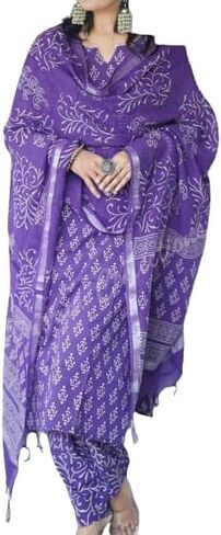 Meera Fab Women's Cotton Printed Straight Kurta With Palazzo & Dupatta Set in Saudi Arabia