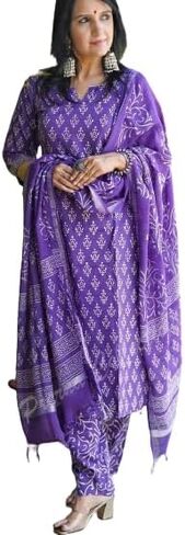 Meera Fab Women's Cotton Printed Straight Kurta With Palazzo & Dupatta Set in Saudi Arabia