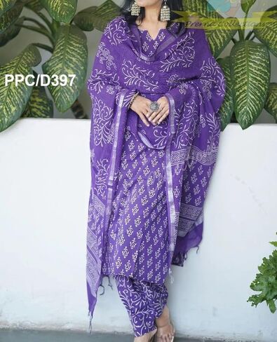 Meera Fab Women's Cotton Printed Straight Kurta With Palazzo & Dupatta Set in Saudi Arabia
