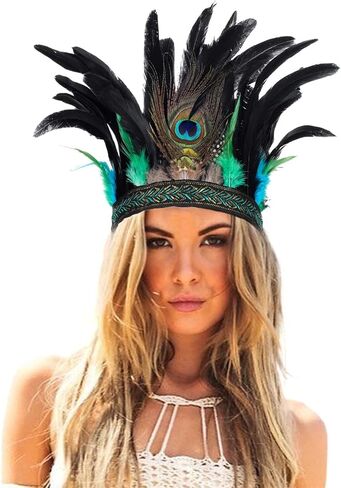 Acenail ريشة عقال الطاووس الهندي Fascinator عصابات الرأس الزخرفية كرنفال خوذة تاج ماردي غرا الغجر غطاء الرأس هالوين حفلة موسيقية زي أغطية الرأس بوهو اكسسوارات الشعر للنساء والفتيات in Kuwait