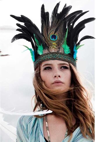 Acenail ريشة عقال الطاووس الهندي Fascinator عصابات الرأس الزخرفية كرنفال خوذة تاج ماردي غرا الغجر غطاء الرأس هالوين حفلة موسيقية زي أغطية الرأس بوهو اكسسوارات الشعر للنساء والفتيات in Kuwait