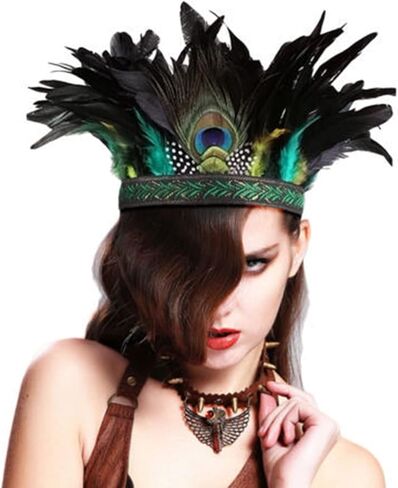 Acenail ريشة عقال الطاووس الهندي Fascinator عصابات الرأس الزخرفية كرنفال خوذة تاج ماردي غرا الغجر غطاء الرأس هالوين حفلة موسيقية زي أغطية الرأس بوهو اكسسوارات الشعر للنساء والفتيات in Kuwait