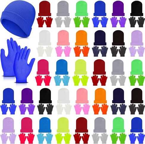 Handepo 30 Set Kid Winter Beanie and Gloves Bulk Knit Hat Gloves Pack Warm Unisex Cold Weather Hat for Homeless Shelter Gift in Saudi Arabia