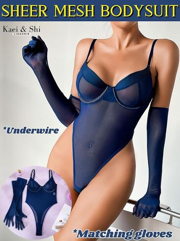 Kaei&Shi Sheer Corset Bodysuit, High Cut, Matching Gloves, Mesh Lingerie in Saudi Arabia