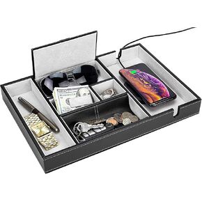 Valet Tray | 6 Compartments | Bedroom Organizer with Charging Station | Perfect for Men and Women | Black PU Leather | Decorative Gift Box | Blue … in Saudi Arabia