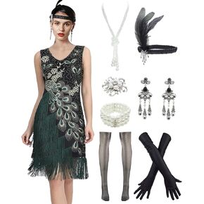 VENSHEMET 1920s Vintage Peacock Sequined Gatsby Fringed Flapper Roaring 20s Party Dress 20S Accessories set in Saudi Arabia
