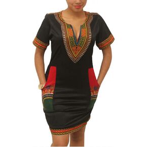 Women Bohemian V Neck African Printed Ethnic Style Summer Bodycon Shift Dress