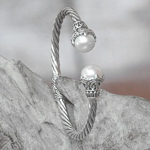 NOVICA Artisan Handmade Cultured Freshwater Pearl Cuff Bracelet .925 Sterling Silver from Indonesia 'Sterling Rope' in Saudi Arabia