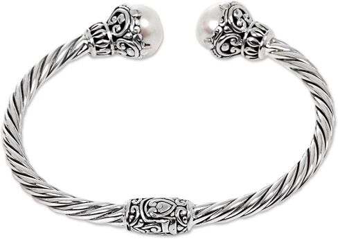 NOVICA Artisan Handmade Cultured Freshwater Pearl Cuff Bracelet .925 Sterling Silver from Indonesia 'Sterling Rope' in Saudi Arabia