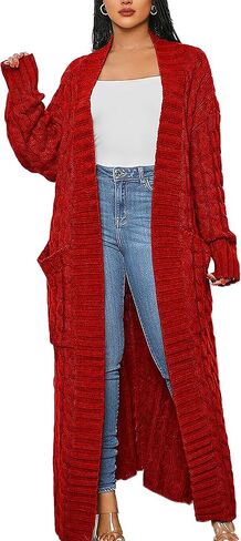 JEKYUARA Women's Cable Knit Maxi Cardigan Long Cardigan Sweater Open Front Chunky Knitwear Coat with Pockets in Saudi Arabia