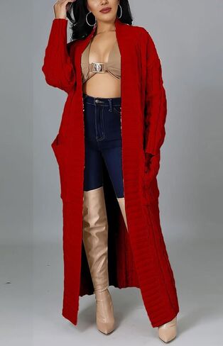 JEKYUARA Women's Cable Knit Maxi Cardigan Long Cardigan Sweater Open Front Chunky Knitwear Coat with Pockets in Saudi Arabia