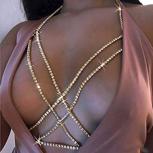 Graeen Rhinestone Bra Body Chains Crystal Chest Chain Cross Bra Chain Summer Body Jewelry for Women and Girls in Kuwait