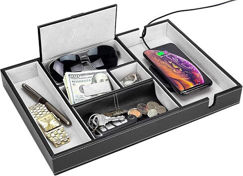 Valet Tray | 6 Compartments | Bedroom Organizer with Charging Station | Perfect for Men and Women | Black PU Leather | Decorative Gift Box | Blue … in Saudi Arabia