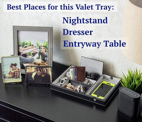 Valet Tray | 6 Compartments | Bedroom Organizer with Charging Station | Perfect for Men and Women | Black PU Leather | Decorative Gift Box | Blue … in Saudi Arabia