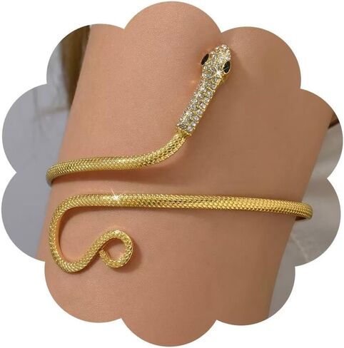 Hanfluenve Gold Snake Arm Cuff Crystal Upper Arm Band Cuff Bracelets Sparkle Rhinestones Wrist Cuff Gold Bracelet Punk Adjustable Open Cuff Armlet Armband Jewelry for Party Prom in Kuwait