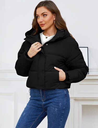 Gihuo Women's Cropped Puffer Jacket Zip Up Hooded Quilted Jackets Winter Short Padded Coat Outerwear in Kuwait