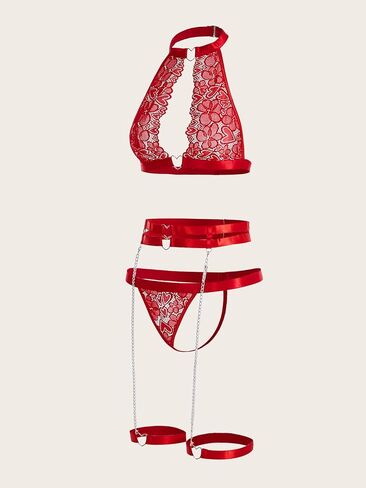 طقم ملابس داخلية نسائية من GORGLITTER مزين بالدانتيل على شكل قلب مزين بالزهور، طقم حمالة صدر ولباس داخلي مع أحزمة رباط in Kuwait