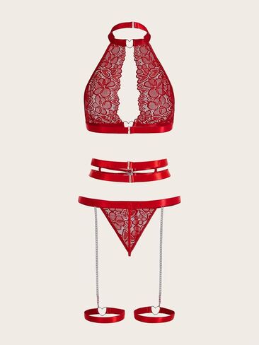 طقم ملابس داخلية نسائية من GORGLITTER مزين بالدانتيل على شكل قلب مزين بالزهور، طقم حمالة صدر ولباس داخلي مع أحزمة رباط in Kuwait