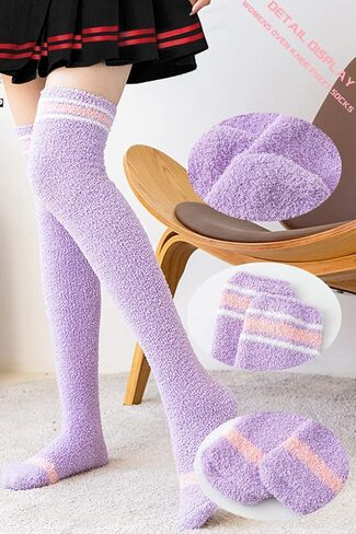 CutiePlusU Striped Coral Fleece Socks Winter Warm Over Knee High Socks Soft Fuzzy Thigh High Socks 2 pairs Pack in Saudi Arabia