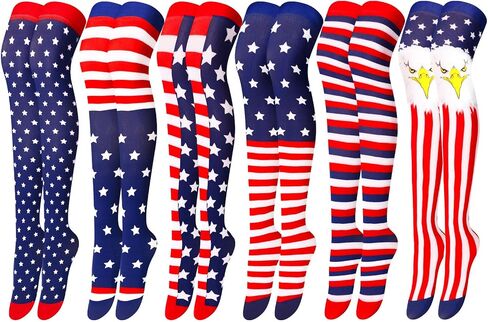 Pasimy 6 Pack Patriotic Socks American Flag Socks USA Thigh High Socks 4th of July Striped Over Knee Sock Gifts for Women Girls in Saudi Arabia