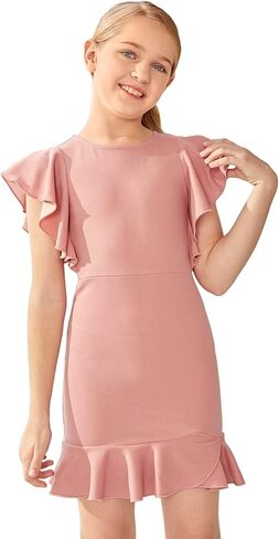 Milumia Girl's Cute Ruffle Hem Zipper Flutter Sleeve High Waist Fitted Short Dress in Saudi Arabia