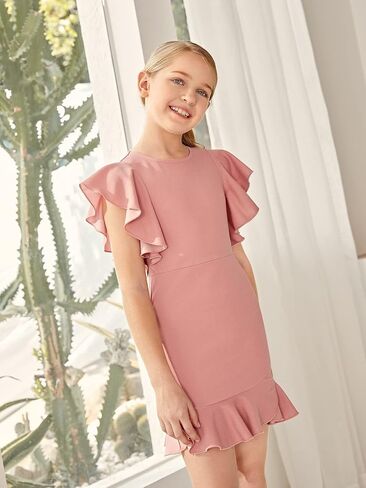 Milumia Girl's Cute Ruffle Hem Zipper Flutter Sleeve High Waist Fitted Short Dress in Saudi Arabia