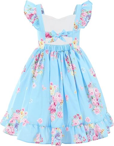 Flofallzique Summer Girls Floral Dress Ruffle Sleeves Tie Back Vintage Toddler Birthday Party Dresses in Kuwait