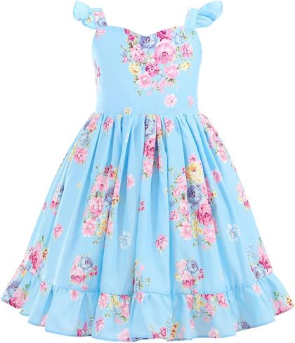 Flofallzique Summer Girls Floral Dress Ruffle Sleeves Tie Back Vintage Toddler Birthday Party Dresses in Kuwait