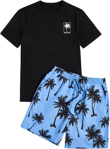 GORGLITTER Men's Two Piece Tracksuits Outfits Hawaiian Graphic Shirt and Shorts Set Light Blue and Black Medium in Saudi Arabia