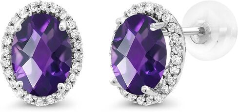 Gem Stone King 10K White Gold Purple Amethyst and White Diamond Halo Earrings For Women (1.84 Cttw, Gemstone Birthstone, Oval Checkerboard Cut 7X5MM) in Saudi Arabia