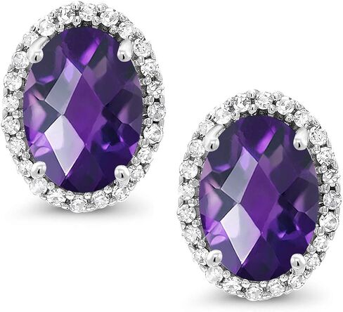 Gem Stone King 10K White Gold Purple Amethyst and White Diamond Halo Earrings For Women (1.84 Cttw, Gemstone Birthstone, Oval Checkerboard Cut 7X5MM) in Saudi Arabia