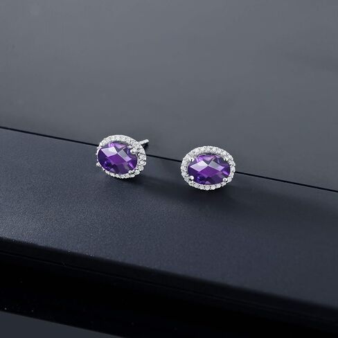 Gem Stone King 10K White Gold Purple Amethyst and White Diamond Halo Earrings For Women (1.84 Cttw, Gemstone Birthstone, Oval Checkerboard Cut 7X5MM) in Saudi Arabia