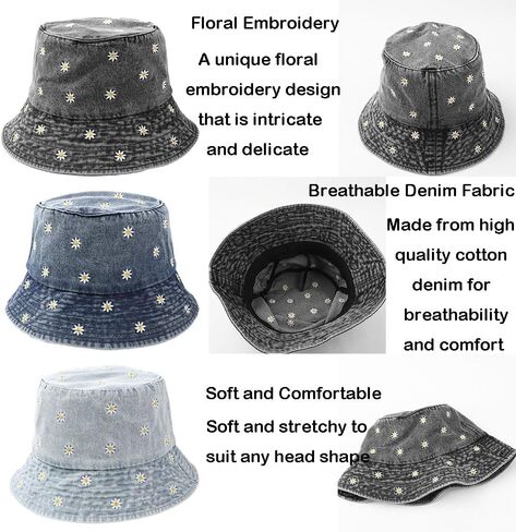 Cotton Denim Bucket Hat Vintage Sun Protection Sun Hat Small Pocket Embroidery Fisherman Cap for Men Women Teens Outdoor in Saudi Arabia