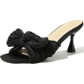 Heiyom Women's Bowknot Low Stilettos Heels Mules Sandals Slip on Pleated Bow Heels Wedding Bridal Party Dress Shoes