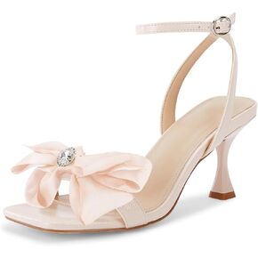 Coutgo Women's Bow Knot Heeled Sandals Rhinestone Kitten Heels Open Toe Ankle Strap Dress Pump Shoes