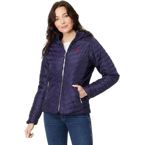 U.S. POLO ASSN. Chevron Quilted Moto Hooded Jacket with Rib Trim And Cozy Faux Fur Lining in Kuwait