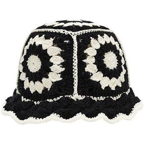 Women's Knitted Beanies Cap, Leisure Fisherman's Hat, Boho Knitting Bucket Hat, Floral Basin Cap(Black) in Kuwait