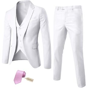 MYS Men's 3 Piece Slim Fit Suit Set, One Button Solid Jacket Vest Pants with Tie Natural White in Kuwait