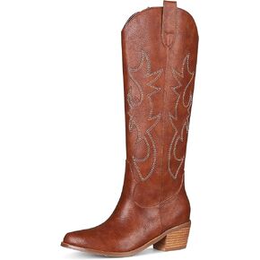 VIMISAOI Western Cowgirl Knee High Boots for Women, Fashion Retro Pull On Pointed Toe Wide Calf Long Tall Block Chunky Heel Embroidered Cowboy Boots in Kuwait