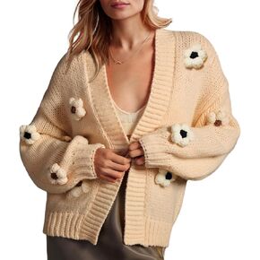 ELLENWELL سترة صوفية منسوجة على شكل زهرة للنساء فضفاضة بأكمام طويلة ومفتوحة من الأمام معاطف خارجية in Kuwait