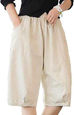 شورت برمودا نسائي من IXIMO كاجوال من القطن والكتان بمقاس مريح وخصر مطاطي مع جيوب in Kuwait