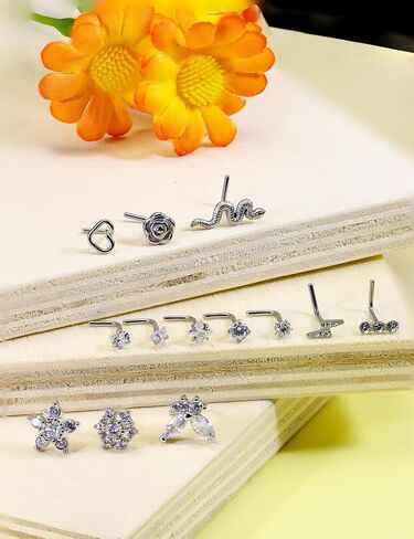 Kridzisw 18G 20G Nose Rings Hoop Stainless Steel L-Shaped Nose Rings Studs Screw Clear Clicker Retainer Tragus Cartilage Helix Earrings Piercing Hoop 36pcs in Kuwait
