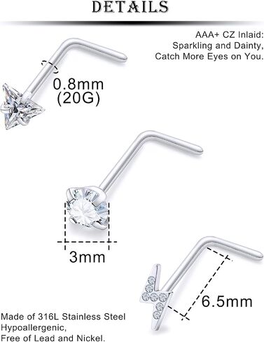 Kridzisw 18G 20G Nose Rings Hoop Stainless Steel L-Shaped Nose Rings Studs Screw Clear Clicker Retainer Tragus Cartilage Helix Earrings Piercing Hoop 36pcs in Kuwait