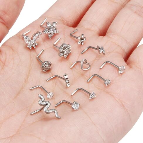Kridzisw 18G 20G Nose Rings Hoop Stainless Steel L-Shaped Nose Rings Studs Screw Clear Clicker Retainer Tragus Cartilage Helix Earrings Piercing Hoop 36pcs in Kuwait