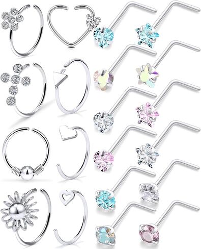 Kridzisw 18G 20G Nose Rings Hoop Stainless Steel L-Shaped Nose Rings Studs Screw Clear Clicker Retainer Tragus Cartilage Helix Earrings Piercing Hoop 36pcs in Kuwait