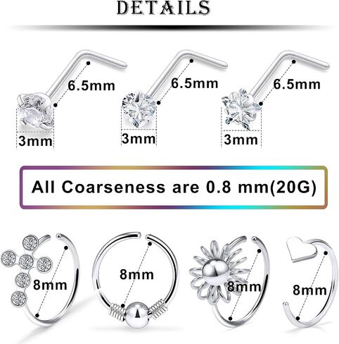 Kridzisw 18G 20G Nose Rings Hoop Stainless Steel L-Shaped Nose Rings Studs Screw Clear Clicker Retainer Tragus Cartilage Helix Earrings Piercing Hoop 36pcs in Kuwait