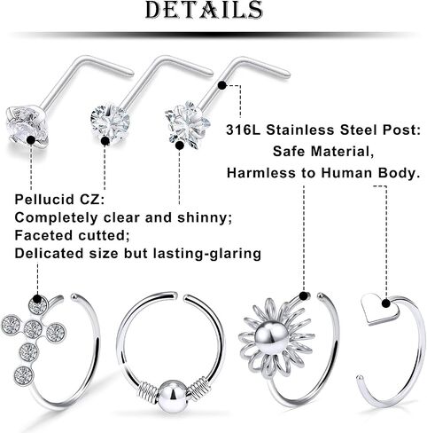 Kridzisw 18G 20G Nose Rings Hoop Stainless Steel L-Shaped Nose Rings Studs Screw Clear Clicker Retainer Tragus Cartilage Helix Earrings Piercing Hoop 36pcs in Kuwait
