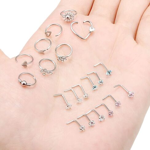 Kridzisw 18G 20G Nose Rings Hoop Stainless Steel L-Shaped Nose Rings Studs Screw Clear Clicker Retainer Tragus Cartilage Helix Earrings Piercing Hoop 36pcs in Kuwait