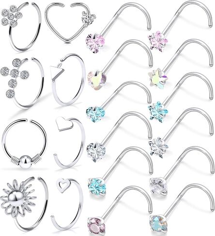 Kridzisw 18G 20G Nose Rings Hoop Stainless Steel L-Shaped Nose Rings Studs Screw Clear Clicker Retainer Tragus Cartilage Helix Earrings Piercing Hoop 36pcs in Kuwait